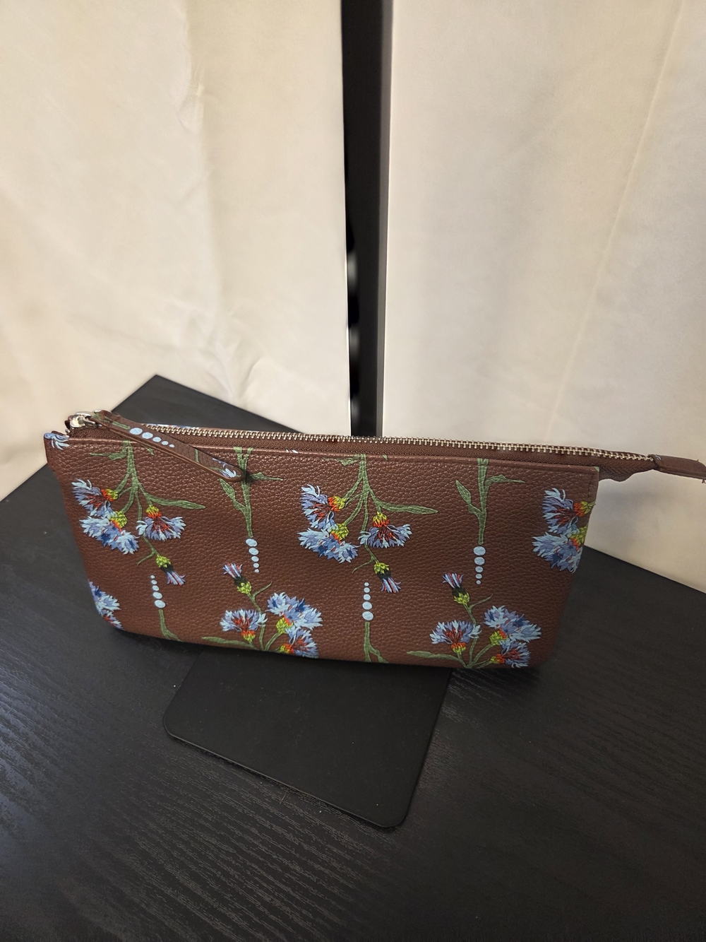 Vera Bradley Brown Floral Zip Pouch with Blue & Green Blooms